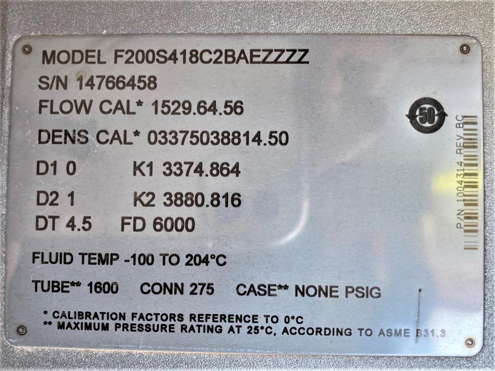 Micro Motion 2" x 1-1/2" 150# 316 Stainless Flow Meter F200S418C2BAEZZZZ (D)